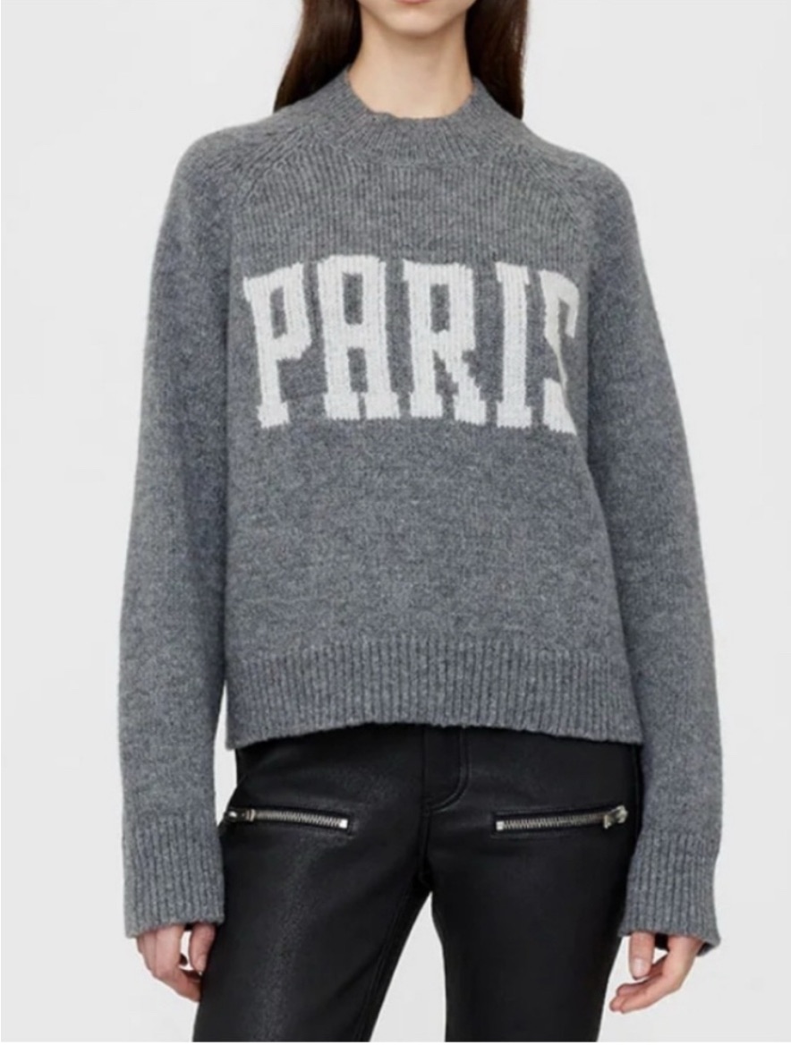 Anine Bing Charcoal Gray 'Paris' Wool Crewneck Sweater With White Logo